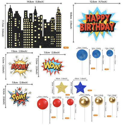 Rsstarxi Superhero Cake Topper Superhero Birthday Decorations with Star Balls Super Pow Boom Cake Pick for Baby Shower Kids Boys Birthday Party Decorations Supplies