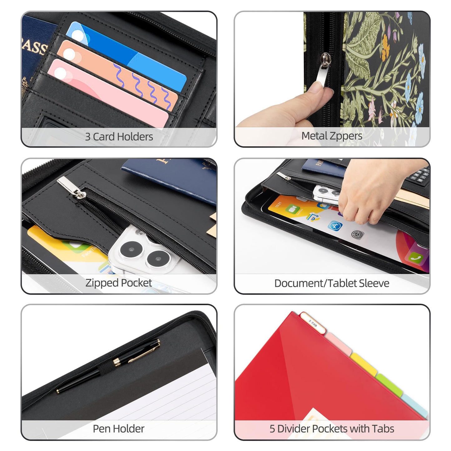 Ospelelf Leather Portfolio Folder with Zipper - 3 Ring Binder with Clipbard - Calculator, 12.1” Tablet Sleeve, 5 Dividers with 10 Pockets, Refillable Notepad, Card Holder (Bushes)