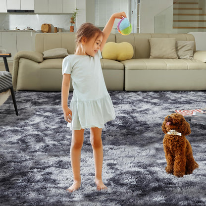 5X8 Ultra Soft Rug for Living Room, Fluffy Shag Area Rug for Bedroom, Modern Shaggy Carpets Fuzzy Rug for Teens Dorm Nursery Home Decor Aesthetic, Upgrade Anti-Skid Durable, Tie Dye Black and Grey