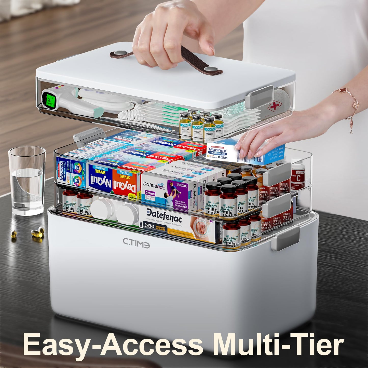 CTIME 4-Tier XL Medicine Organizer - Portable Medicine Cabinet with Leather Handle, Empty First Aid Kit for Home Organization Must, School, Dormitory, Travel, RV, Dorm, Ideal Elderly Gift