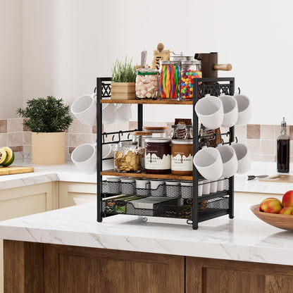 Plaviya Coffee Bar Station Organizer, 4 Tier K Cup Organizer Mug Holder with 12 Hooks, Coffee Pod Holder, Multifunctional Countertop Organizer for Kitchen