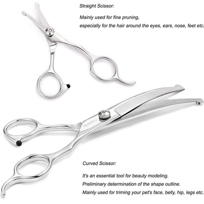 Freewindo Dog Grooming Scissors Kit, Safety Round Tip, Heavy Duty Stainless Steel Dog Scissors and Nail Clippers, 6 in 1 Dog Grooming Kit