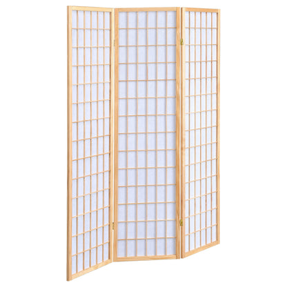 Coaster Home Furnishings - Carrie - Solid Wood - 3-Panel Folding Shoji Screen Room Divider with Linear Grid Design, Metal Hinges and Freestanding Piece - Living Room - Natural Brown - 4621