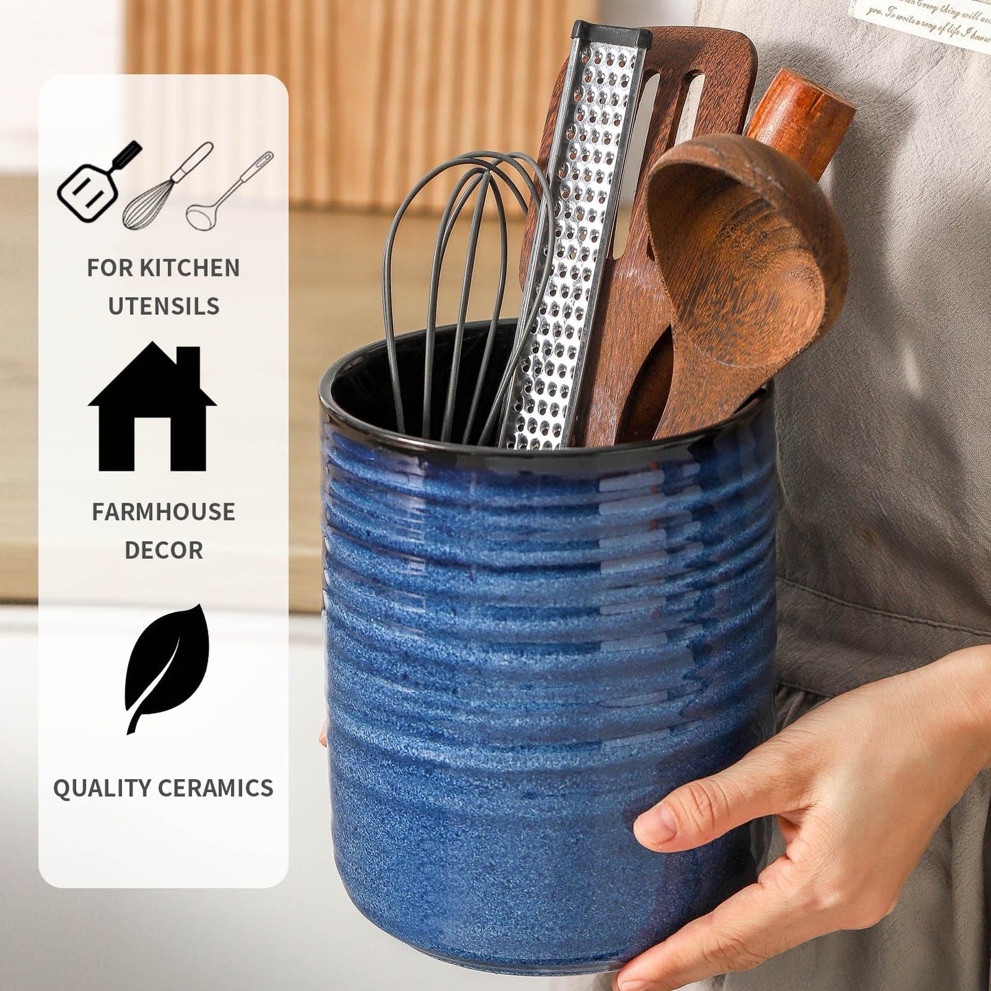 HASENSE Large Ceramic Utensil Holder, 7.4" Kitchen Utensil Crock for Countertop, Modern Farmhouse Utensil Organizer Caddy for Cooking Utensil Set, Blue Kitchen Decor