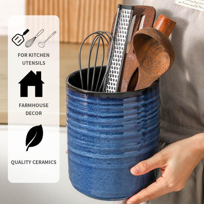 HASENSE Large Ceramic Utensil Holder, 7.4" Kitchen Utensil Crock for Countertop, Modern Farmhouse Utensil Organizer Caddy for Cooking Utensil Set, Blue Kitchen Decor