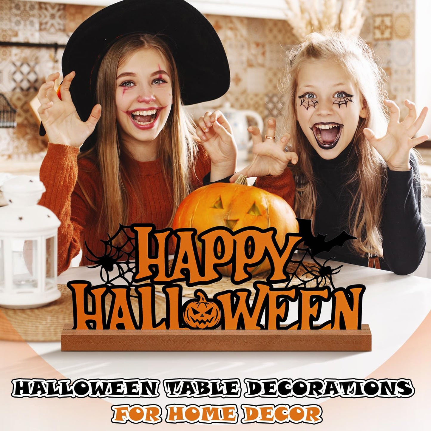 Yaocom 13.78 Inch Happy Halloween Sign Metal Halloween Decorations for Home Letter Tabletop Decoration with Wooden Base Cutout Word Table Centerpiece for Home Tiered Tray Centerpiece Mantel Shelf