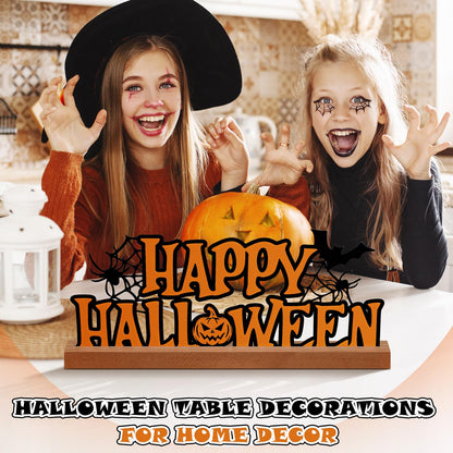 Yaocom 13.78 Inch Happy Halloween Sign Metal Halloween Decorations for Home Letter Tabletop Decoration with Wooden Base Cutout Word Table Centerpiece for Home Tiered Tray Centerpiece Mantel Shelf