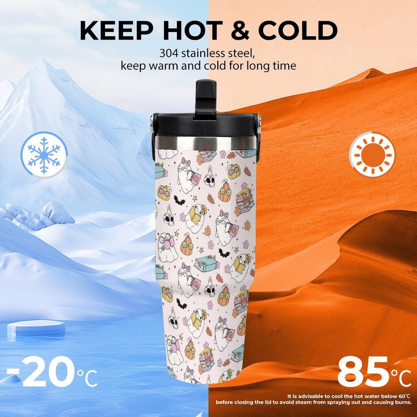 TOUNHEYA Halloween Tumbler with Handle Flip Straw Pink 30oz Insulated Stainless Steel Cup Ghost Reading Book Travel Coffee Mug Water Bottle for Women