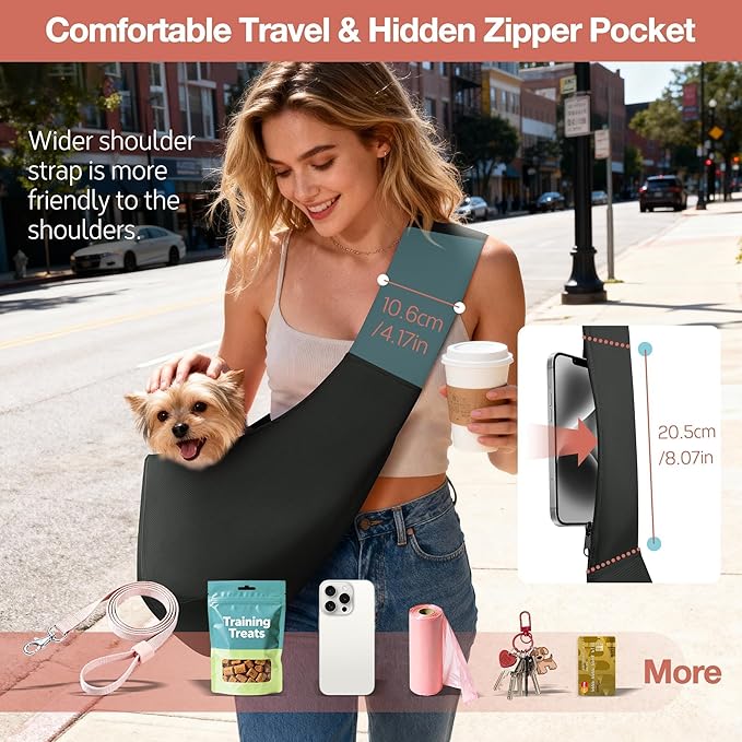 YUDODO Fashion Dog Sling Carrier for Small Dogs Lightweight Crossbody Pet Bag with Safety Strap, Pocket Storage, Machine Washable, Comfortable Travel & Outdoor Sling up to 9 lbs Black