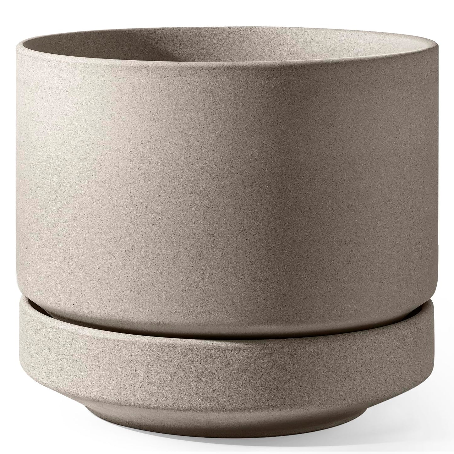 LE TAUCI Large 14 Inch Plant Pot with Saucer | Ceramic Outdoor & Indoor Big Planter Pot | Drainage Hole, Mesh Pad | Unglazed Porous | Modern Minimalist for Home and Patio – Neutral Gray