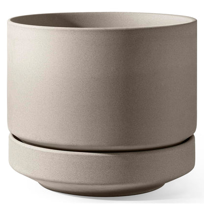 LE TAUCI Large 14 Inch Plant Pot with Saucer | Ceramic Outdoor & Indoor Big Planter Pot | Drainage Hole, Mesh Pad | Unglazed Porous | Modern Minimalist for Home and Patio – Neutral Gray
