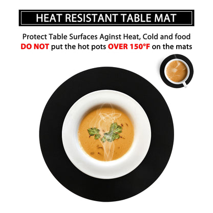 Wipeable Placemats and Coasters Leather Table Mats Waterproof Heat-Resistant Easy to Clean for Dining Table Set Kitchen Table Set of 6, Black