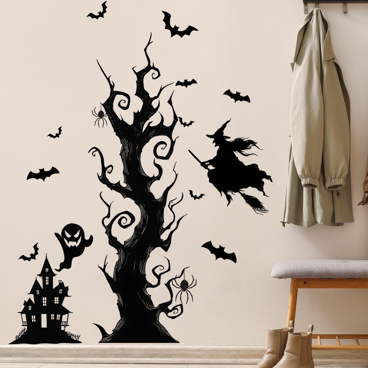 Halloween Wall Decals,Peel and Stick Halloween Theme Decor Stickers,Removable Vinyl Spooky Scary Face Wall Sticker for Holiday Party Decor. (Haunted House Creepy Tree Bats Wall Decals)
