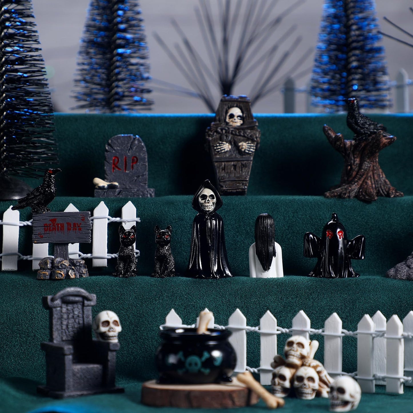 Liliful 32 Pcs Halloween Village Miniature Town Accessories Set Halloween Figurines Spooky Bare Branches Tombstones Skeleton Skulls Resin Horror Village Collections for Party Town Decorations