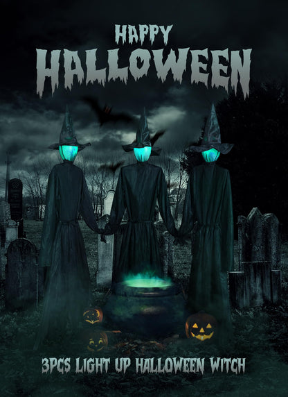 Halloween Decorations Outdoor 3PCS Light Up Witches Holding Hands Witches with Stakes, Scary Screaming Witches with Glowing Face, Creepy Halloween Party Props Decor for Yard Garden Outside Lawn Porch