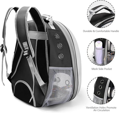Bird Backpack Carrier, Travel Bird Cage for Small Medium Size Parrot Parakeet Budgies Cockatiel, Portable Clear Bubble Window Bag with Stainless Steel Tray Food Bolw Standing Perch (Black)