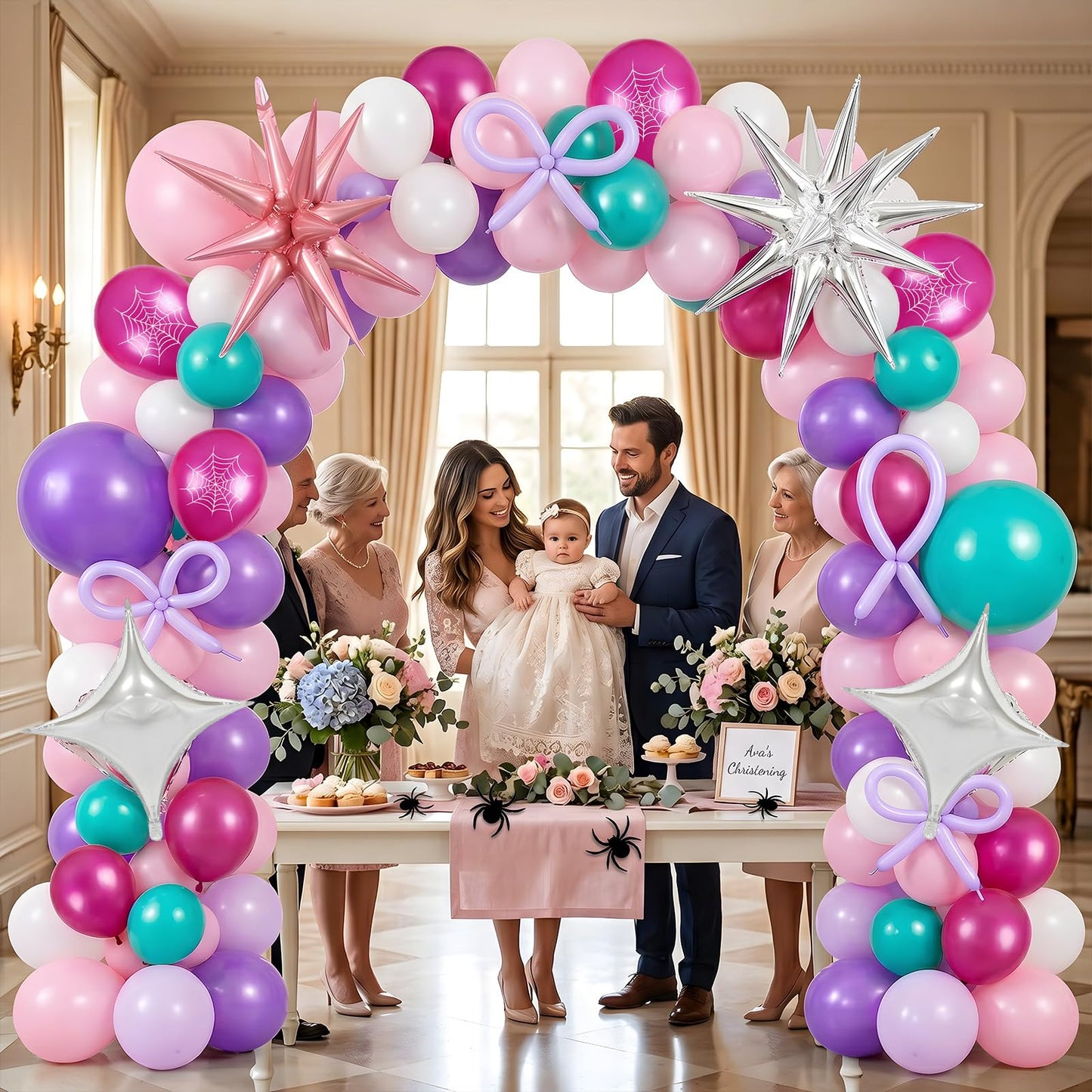162PCS Spider Theme Balloon Arch Kit Pink Purple Teal Spider Web Balloons with Star Foil Balloons for Web Hero Girl Birthday Decorations
