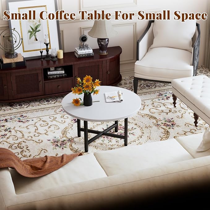 Coffee Table, 23.6" Small Coffee Tables, Gray Round Coffee Tables for Living Room, Floor Table for Sitting on The Floor, Center Coffee Table with Metal Frame for Office Apartment Home, White