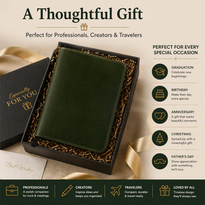 TheAntiq Premium Leather Journal Cover A5 – Handmade Refillable Notebook Cover Sleeve with Pen Holder for Writing, Travel & Business Use 5.75 x 8.25 (Green)