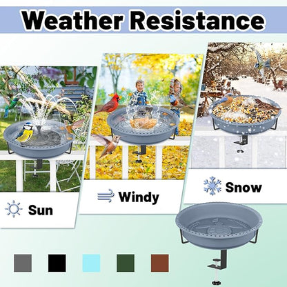 Bird Baths for Outdoors, Rustproof Metal Clamp Birdbaths & Birdfeeder with Detachable Plastic Basin, Outdoor Bird Feeding & Watering Station for Wild Birds Garden Patio Balcony (Grey)