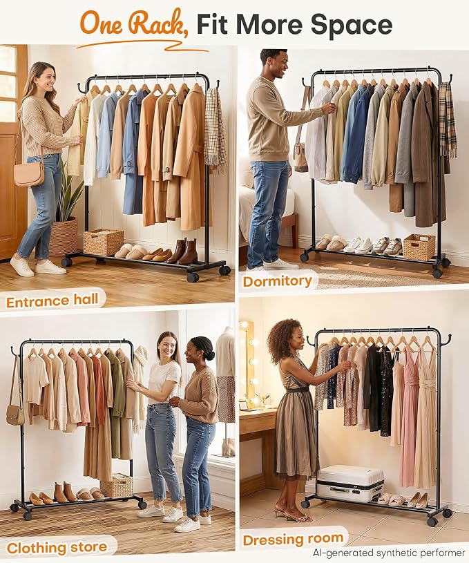 Homde Heavy Duty Clothes Rack: 120lb Standing Garment Storage for Indoor - Rolling Hanging Rod for Bedroom Laundry Room - Coat Dress Organizer on Wheels with luggage shelf (Black, 46.5")