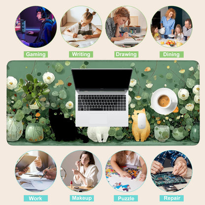 Desk Mat, XXL Extended Gaming Pad for Desktop, 31x12 Inches Floral Cats Three Kittens with Flowers, Large Non-Slip Vegan Leather Surface with Stitched Edges, Keyboard Mouse Mat for Home Office