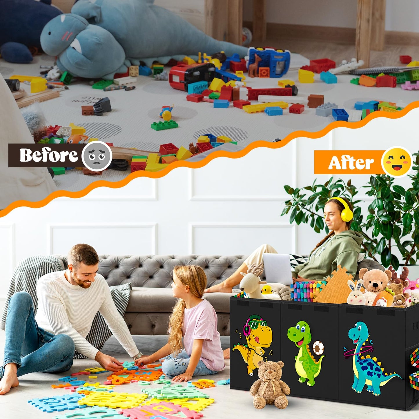 Beadsky Extra Large Toy Box, Collapsible Toddlers Toy Chest Kids Storage Organizer, Dinosaur Bin Boxes Storage Basket with Lids for Boys, Girls, Living Room, Nursery, Playroom, 40"x14"x16", Black