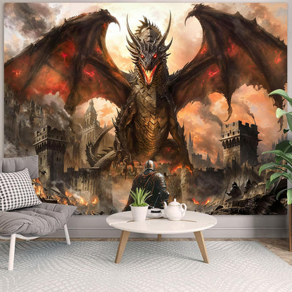 Spenlife Fire Dragon Siege Wall Tapestry, Fantasy Castle Battle Tapestries for Room Decor, Epic Tapestry 60x44 Inch