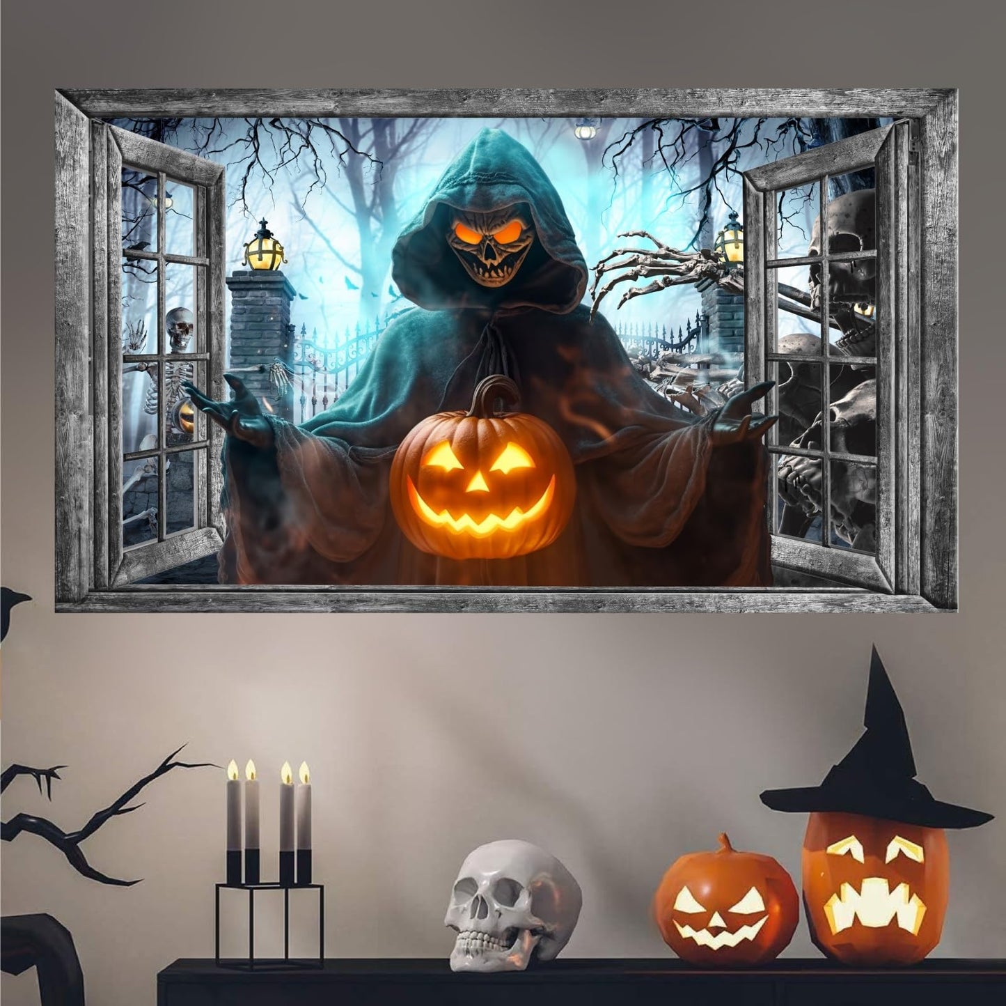 Halloween Wall Decor Halloween Decals 3D Fake Window Wall Decal Peel and Stick Grim Reaper Pumpkins Skeleton Wall Art Murals Halloweens Decoration for Living Room Bedroom Haunted House Party Supplies
