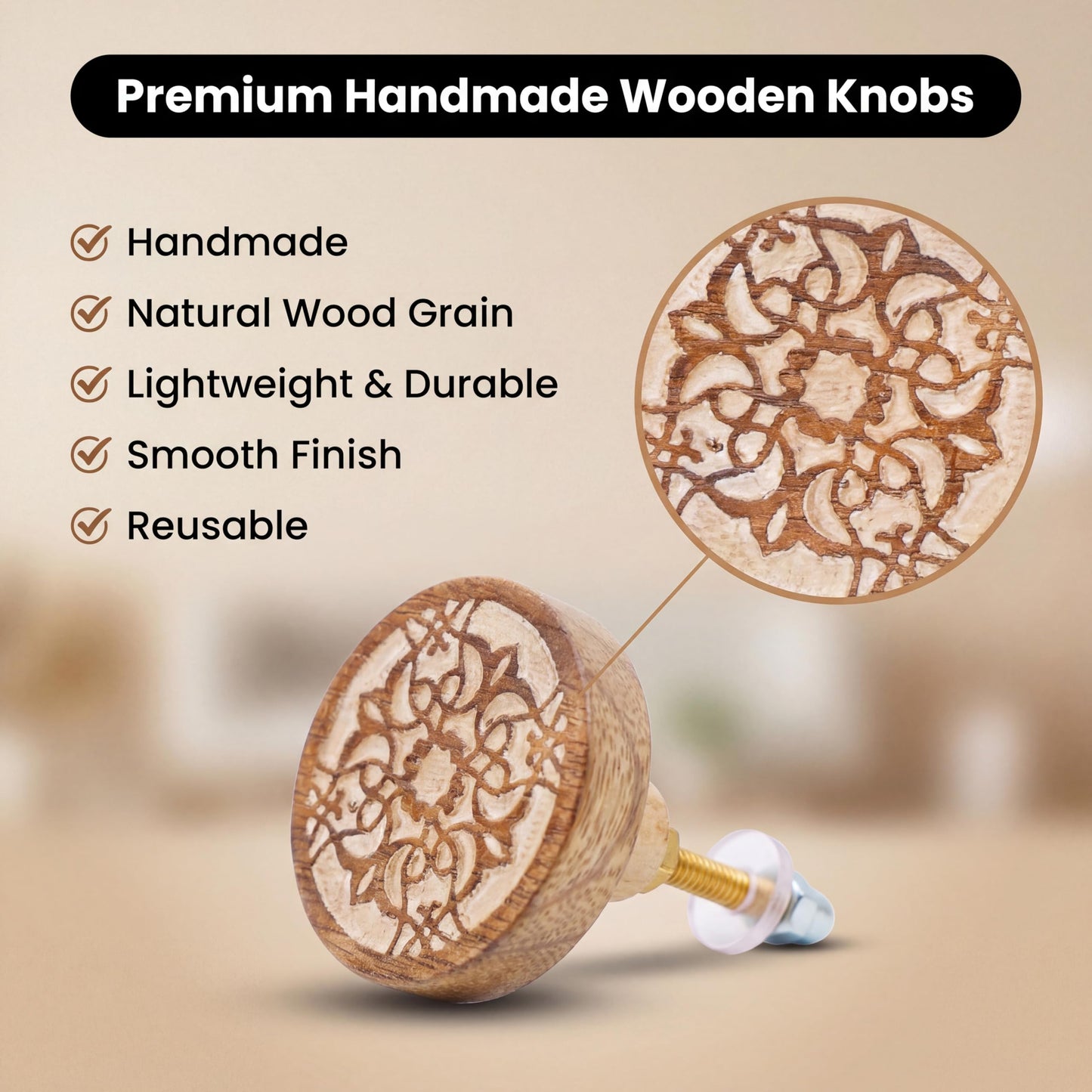 Indian Shelf 6 Pieces Boho Wooden Drawer Knobs - Brown Floral Knobs - Round Cabinet Knobs