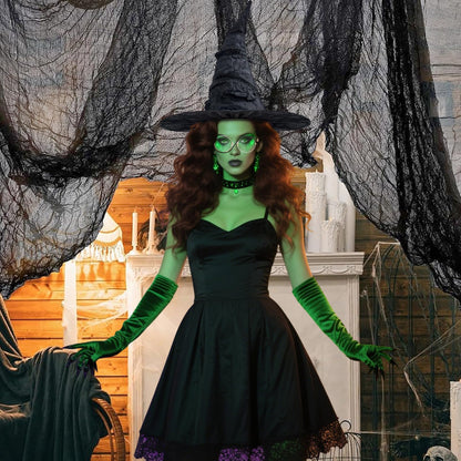 Hlimior 4 Pcs Halloween Witch Costume Set Include Black Witch Hat Broomstick Green Claw Gloves & Glasses,Halloween Costume Accessories for Women Cosplay & Party Fun