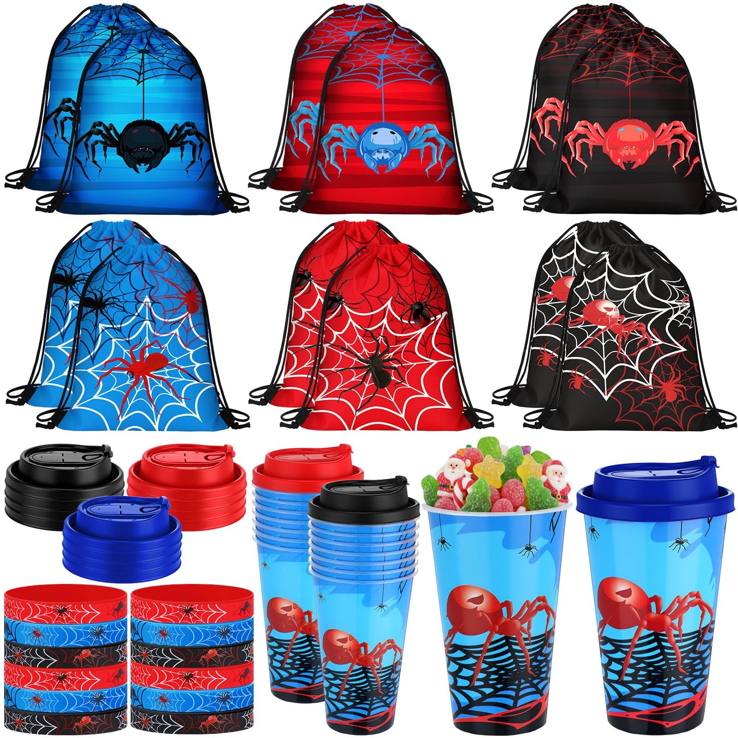 Potchen 48 Pcs Spider Party Favors Birthday Party Supplies Includes Drawstring Bag Backpack Plastic Goodie Cups with Lids Bracelets for Summer Fillers Stuffers Birthday Favors Rewards Gifts