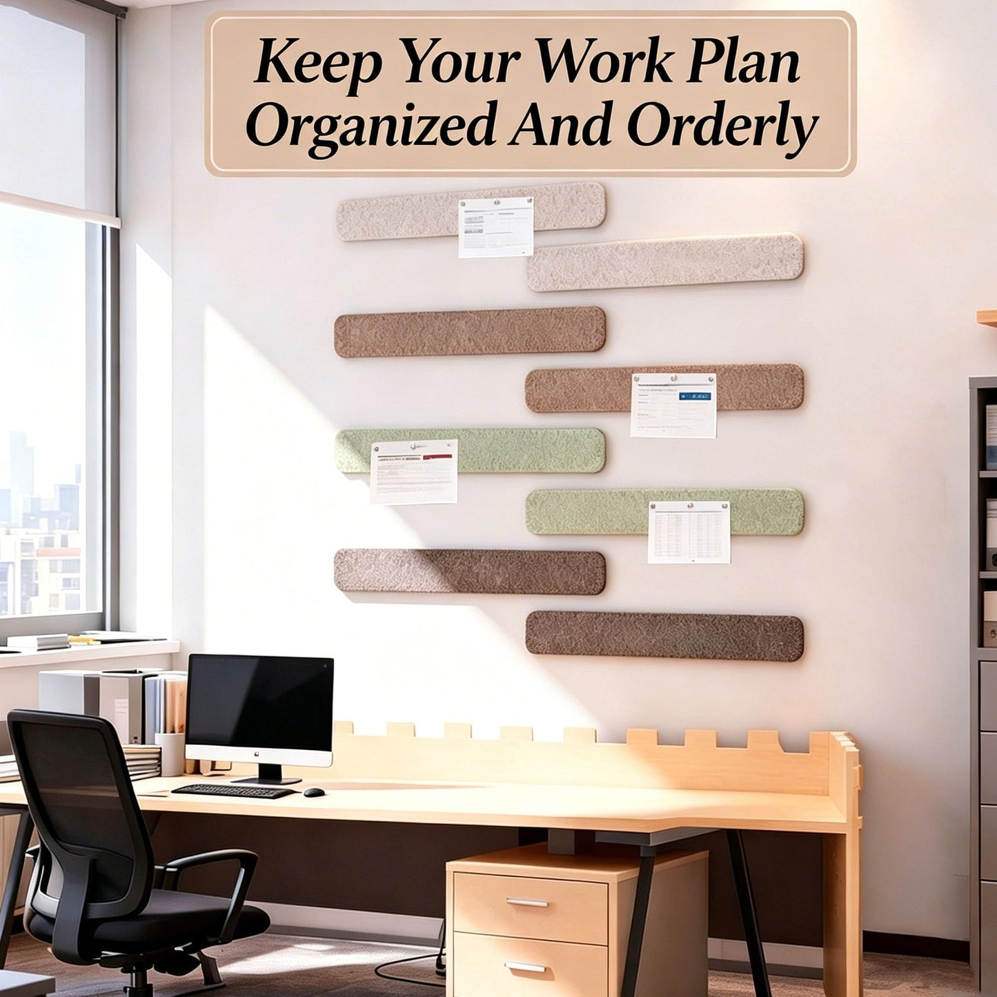 Felt Strip Bulletin Board,8-Pack Cork Board Alternative Bar Strips Boards–13" x 2" Felt Wall Tiles with 48 Push Pins&48 Adhesive Tapes,Removable Adhesive Install Felt Pin Board for Wall,Home Office
