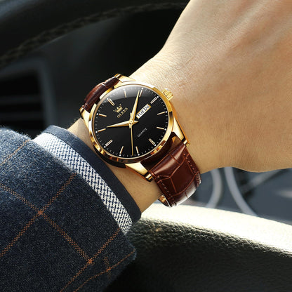 QBAIZI Mens Gold Watches Brown Leather Band Analog Dress Wristwatch for Men Black Face Luxury Male Watch with Day Date Easy to Read Vintage Men's Wrist Watches Waterproof Luminous Reloj para Hombre