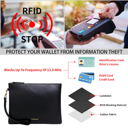 DORIS&JACKY Lambskin Leather Wristlet Clutch Purse For Women Large Soft Designer Wallet With Strap… (Lambskin-black, black)