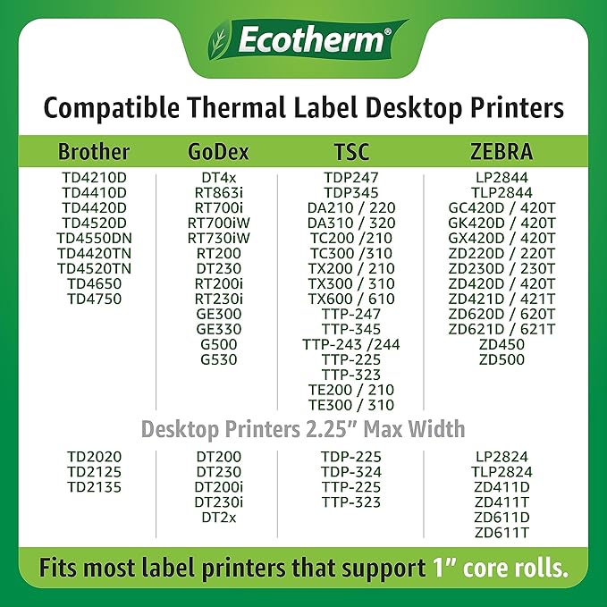 2.25" x 3" Thermal Labels | 6 Rolls | 5040 Labels | fits Zebra, Munbyn, Rollo, Godex, Arkscan, iDPRT, Offnova Thermal Label Printers and More | Blank White Adhesive Stickers by Ecotherm