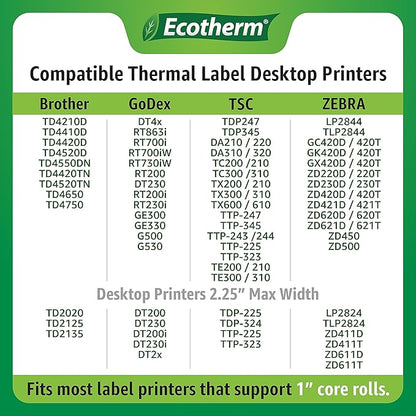 2.25" x 3" Thermal Labels | 6 Rolls | 5040 Labels | fits Zebra, Munbyn, Rollo, Godex, Arkscan, iDPRT, Offnova Thermal Label Printers and More | Blank White Adhesive Stickers by Ecotherm