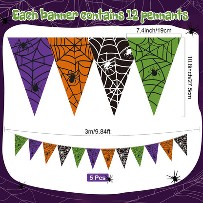 Jetec 5 Pieces 49 Feet Halloween Spider Web Pennant Banner Decorations Black Purple Orange and Green Spooky Spiderweb Triangle Flags Bunting Banners for Halloween Party Decor Indoor Outdoor Supplies