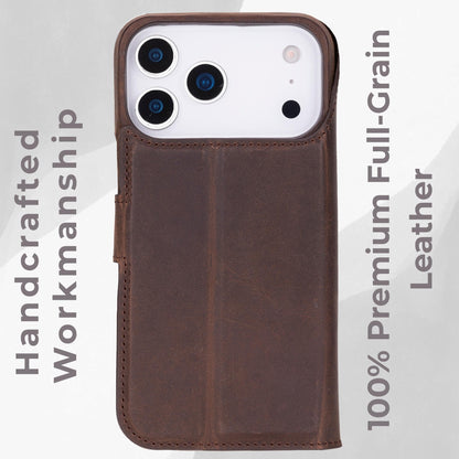 VENOULT Leather Wallet Case for iPhone 17 Pro Max, Full Grain Genuine Leather, Magnetic Detachable, 4 Card Holder, Buesiness Style, Compatible with MagSafe, RFID, Handmade (Vintage Brown)
