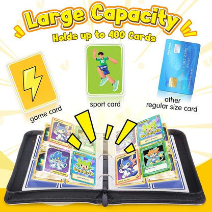 Card Binder – 4 Pocket Zipper Collection Album, Premium PU Holder, Double-Sided Display for 400 Cards, Includes 5 Hard Plastic Sleeves for Game Cards, Sports Cards