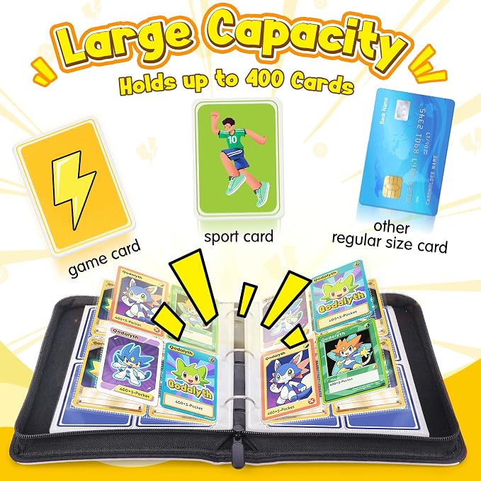 4 Pocket Card Binder with Zipper, Holds 400 Cards, PU Trading Card Album with 5 Hard Plastic Sleeves,Double-Sided Design. Great for Game Cards and sport card