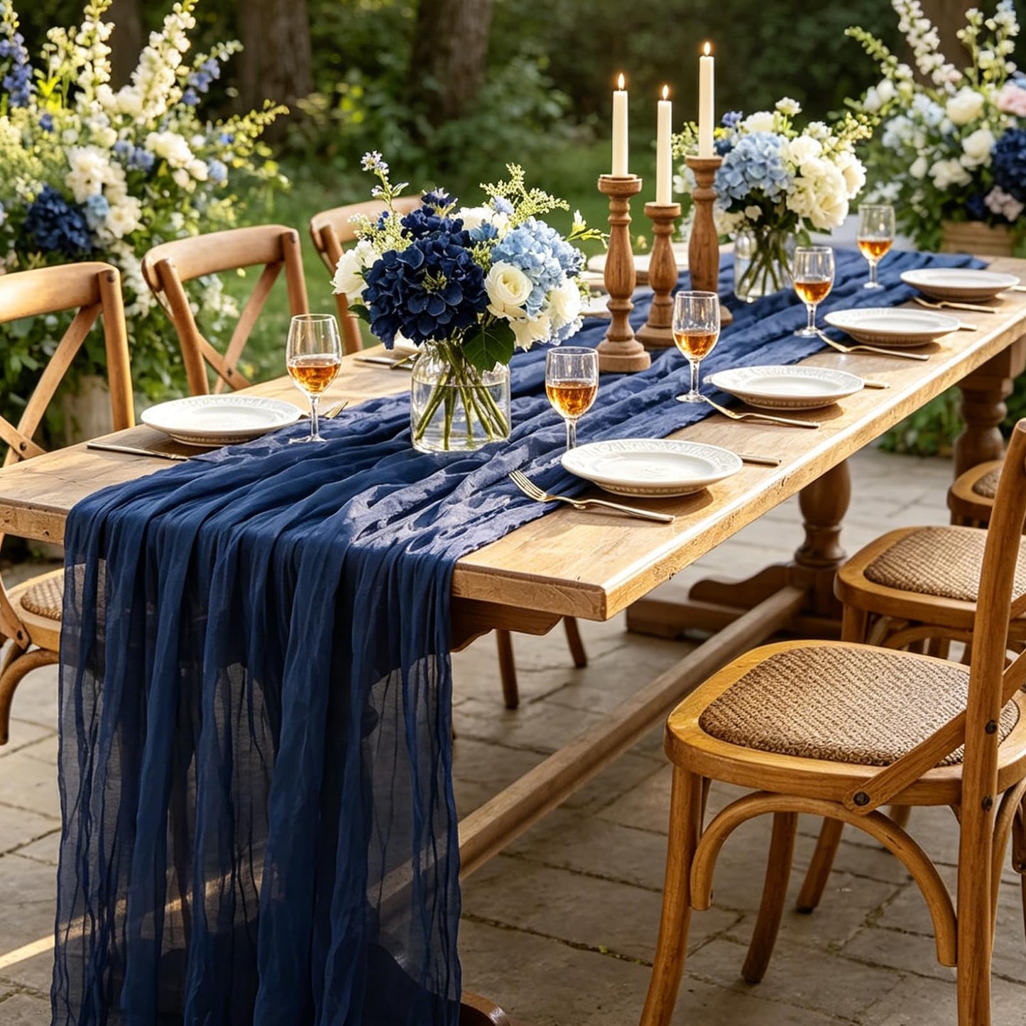 3Pcs Navy Blue Table Runner, 10FT Rustic Gauze Blue Table Runner 35*120inch Boho Table Runners for Wedding Bridal Shower Birthday Baby Shower Table Centerpiece Decorations