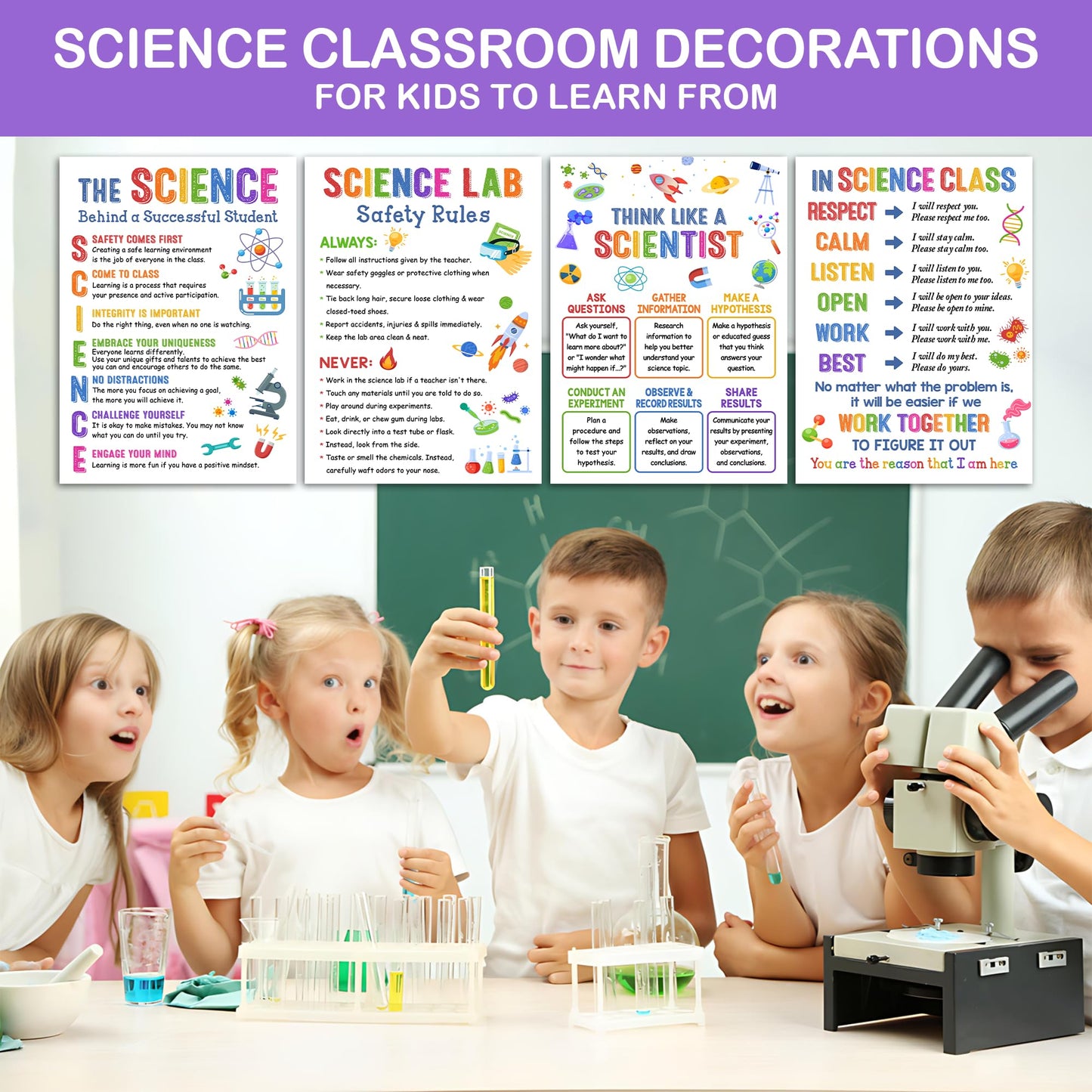Lalunia 4 Pcs Science Posters for Classroom Decor (11"x 16") - Lab Safety Rules, STEM Wall Art for Middle School, Teacher Supplies, Bulletin Board Decorations, Science Classroom Must Haves