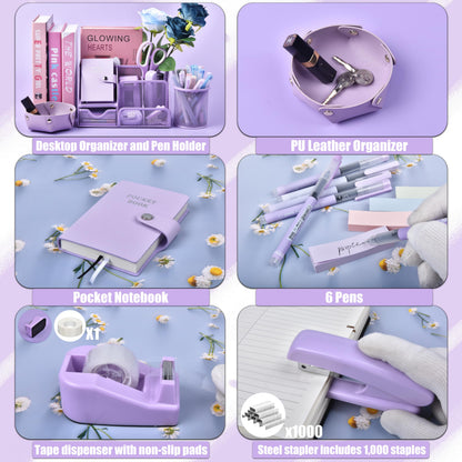 Purple Desk Accessories, 26Pcs Office Supplies and Desk Organizers, with Tape Dispenser, Stapler, Staple Remover Ect, Gift Box Packaging
