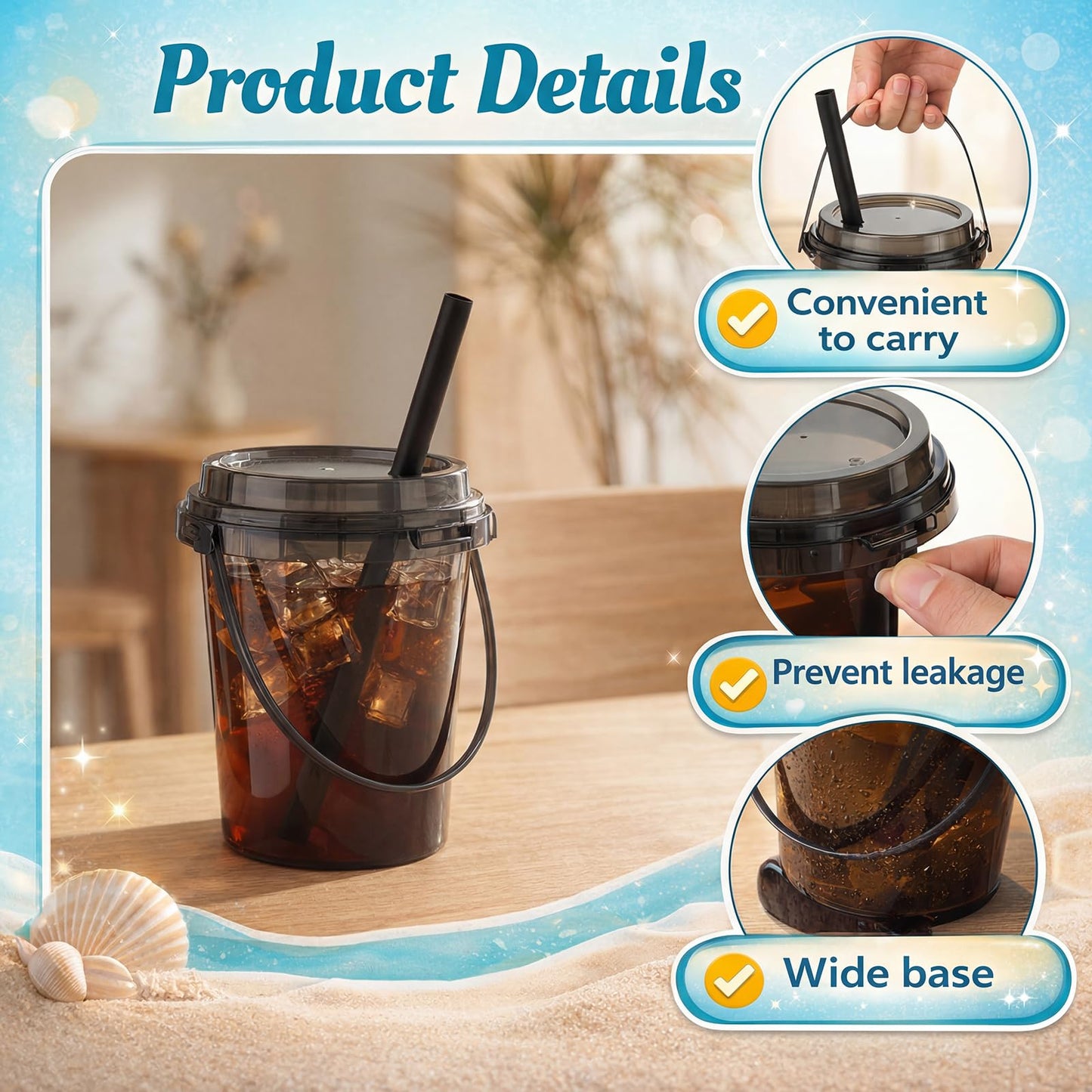 Purpeak 30 Set 24 oz Drink Buckets with Lids and Straws Disposable Clear Rum Plastic Drinking Cocktail Bucket with Handles for Beverage Coffee Lemonade Pool Picnic Party Supplies (Black)