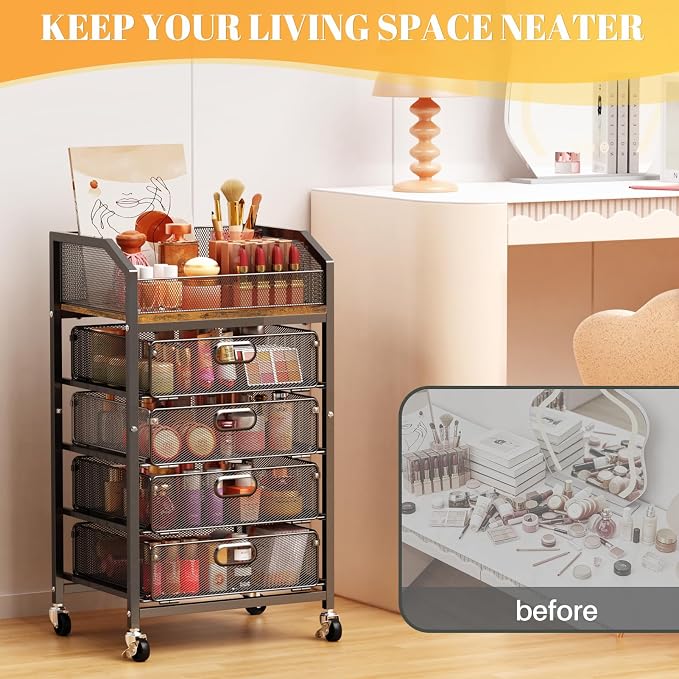 SUNALLY Makeup Organizer Cart with 4 Drawers, Rolling Makeup Storage Cart Metal Skincare Organizers, Large Vanity Storage Organizer Cosmetics Display Cases for Skin Care Perfume Nail Polish, Black