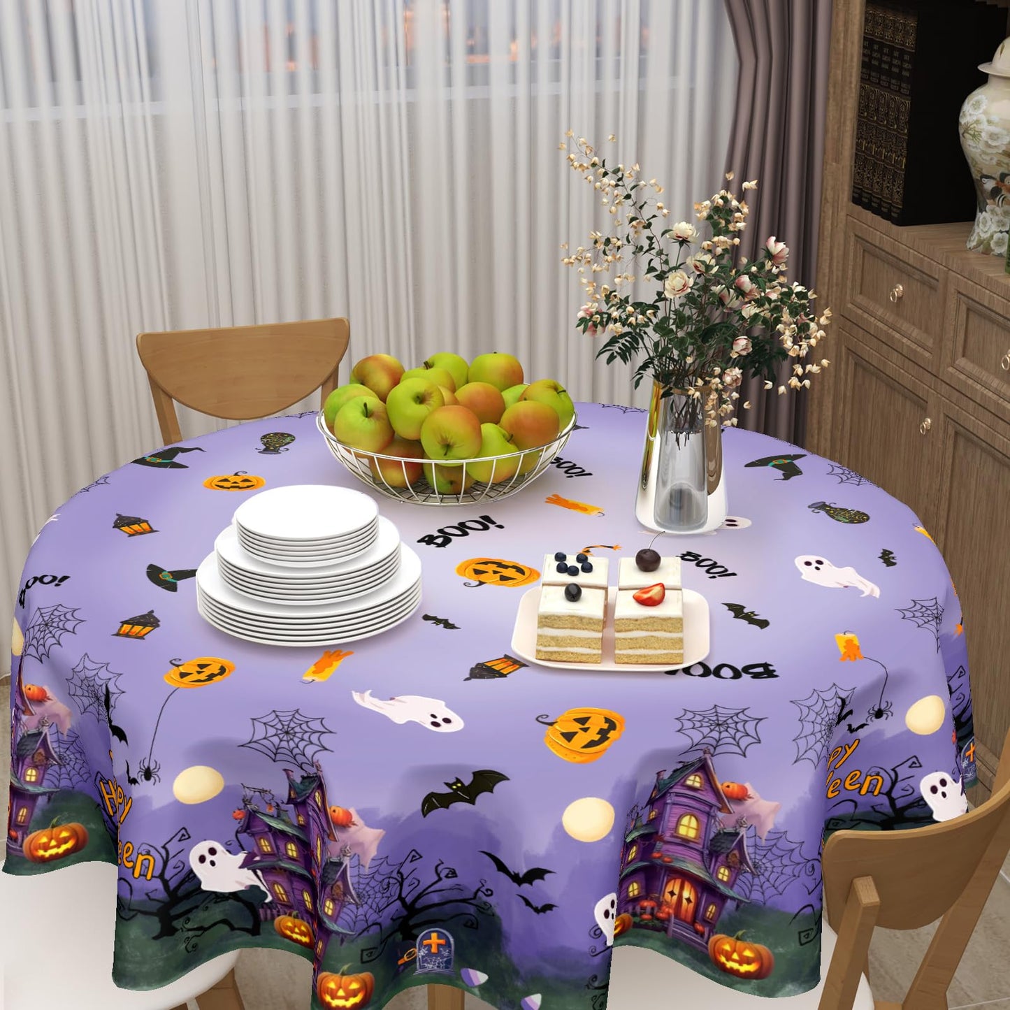 Barneova Halloween Tablecloth Round 60 Inch Spider Web Pumpkin Decoration Outdoor Table Cloth Purple Rustic Table Cover for Dining Kitchen Holiday Party Picnic Home Halloween Party Decor