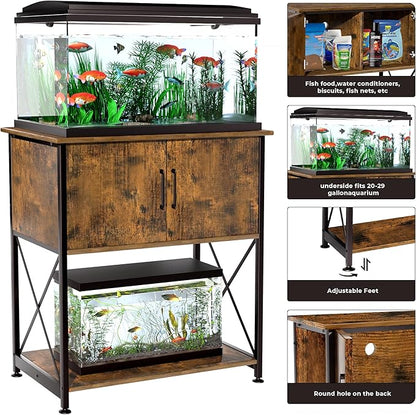 Herture 20-29 Gallon Aquarium Stand Metal Frame Fish Tank Stand with Cabinet Storage, for 20 Gallon Long Aquarium,30.7" L*16.5" W Tabletop,330LBS Capacity Rustic Brown and Black PG01YGN
