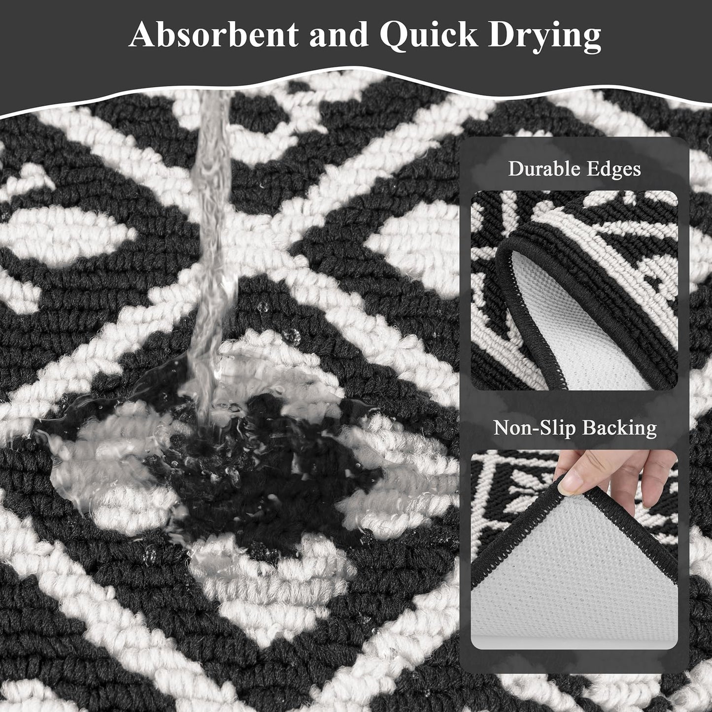 Ileading Kitchen Mat Sets 3 Piece Minimalist 3D Lattice Kitchen Floor Rugs with Non Slip Rubber Backing Machine Washable Farmhouse Runner Rugs for Laundry Hallway Doormat(G Black&White)