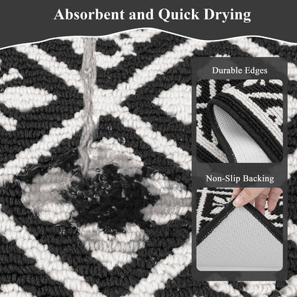 Ileading Kitchen Mat Sets 3 Piece Minimalist 3D Lattice Kitchen Floor Rugs with Non Slip Rubber Backing Machine Washable Farmhouse Runner Rugs for Laundry Hallway Doormat(G Black&White)